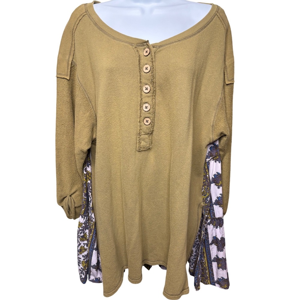 FREE PEOPLE Womens Olive Green Henley Paisley Peasant Tunic Top M Boho Earthy